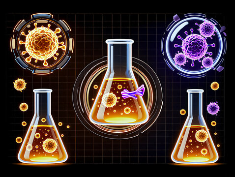 Futuristic scientific illustration of COVID-19 variants in laboratory flasks, featuring glowing orange and purple virus strains like Arcturus and Cicada (BA.3.2) on a dark digital grid background