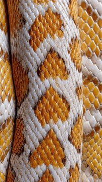 Close-up of vibrant yellow and white python scales pattern texture