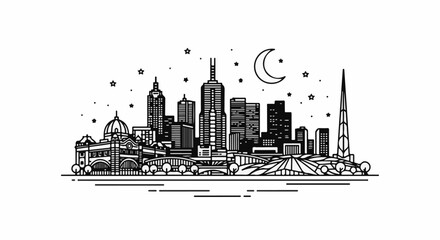 Fototapeta premium A minimalist black and white city skyline under a crescent moon and stars