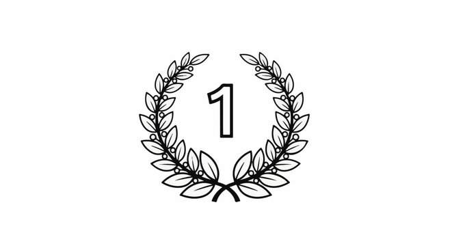 A minimalist black and white graphic of a laurel wreath with the number 1