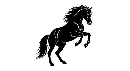 Black horse galloping freely against a white background