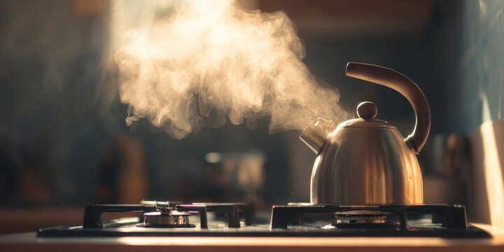 The kettle steaming on a gas stove in a softly lit kitchen morning scene
