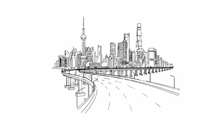 Obraz premium A monochrome sketch of a modern city skyline with a highway in the foreground