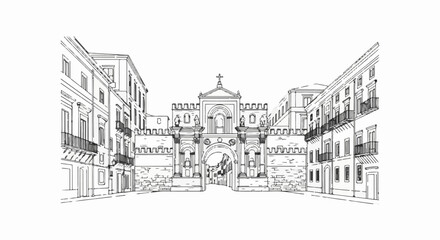 Fototapeta premium A sketch of a grand stone archway framed by ornate buildings with balconies