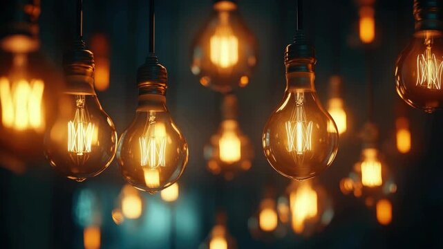 Bunch of hanging glowing light bulbs