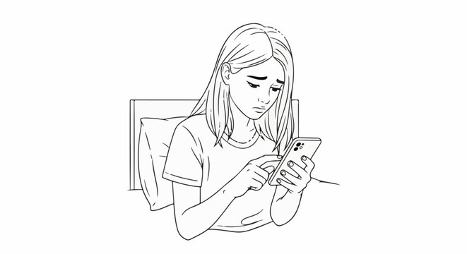 A young person looks sadly at their phone while sitting in bed