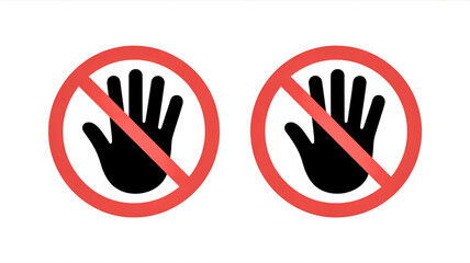 A simple warning sign design features two hands with palms facing outward in red circles.