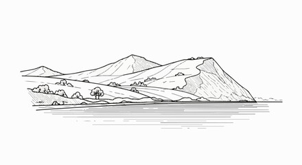 Naklejka premium A stark, stylized line drawing depicts rolling hills, a prominent cliff face, and a calm body of water