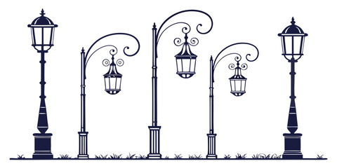 Set of five different antique street lamps with decorative posts classic upright designs intricate hanging lanterns a detailed vector illustration, street lamp © Alone