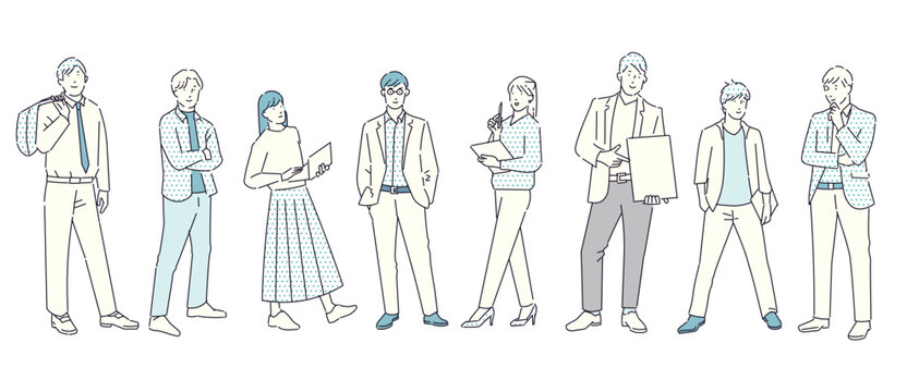 立っている男性と女性ービジネスパーソンービジネスチームースタートアップー複数の男女のイラスト素材