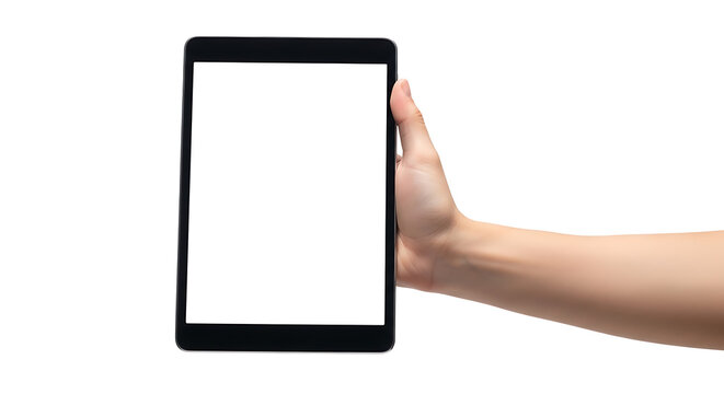 Hand holding a digital tablet with a blank white mockup screen in vertical portrait orientation isolated on a white background
