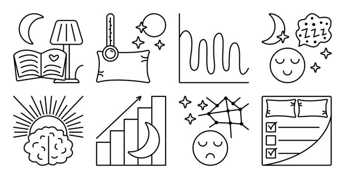 Sleep quality and productivity, black line icon set. Monochrome outline good and bad sleeping sign collection, editable stroke various somnology symbols. Optimal conditions, spoil factors, tips