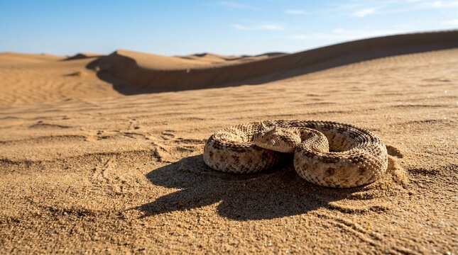 Rattlesnake coiled on sand in desert dunes