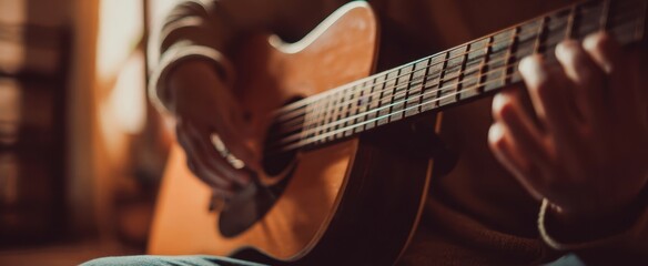 Fototapeta premium The Guitar Closeup of Hands Plucking Strings in Warm Sunlit Interior