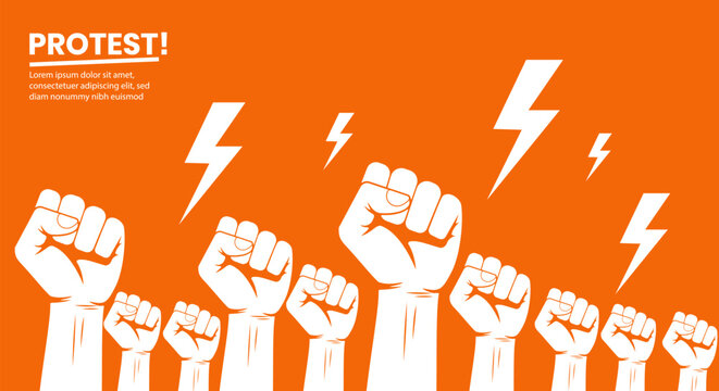Raised fists and lightning bolts on orange background for protest or activism