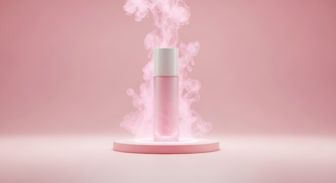 Cosmetic roller bottle with pink smoke rising during product launch against a soft pink backdrop