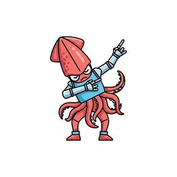 A cartoon squid character, part robotic, striking a dab pose with a determined expression, isolated on a white background