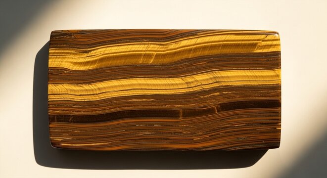 Rectangular slab of polished tiger's eye gemstone with rich brown and golden yellow stripes and wavy patterns displayed on a light surface with soft shadows and bright highlights