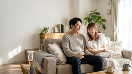 Obraz premium Smiling young Asian couple enjoying time together at home in cozy living room