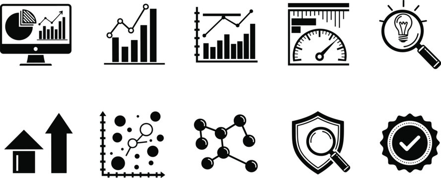 Data analytics icons, performance metrics, scientific research symbols, quality assurance badge, innovation magnifying glass