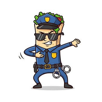 A cartoon police officer with a burrito for a head, wearing sunglasses and making the dab move. The illustration is colorful and playful