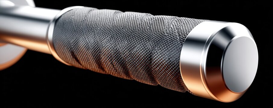 Close-up macro of textured dumbbell grip handle conveying fitness, strength and gym equipment detail