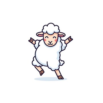 A cartoon sheep joyfully leaping with arms outstretched, displaying a cheerful and playful expression, clean line art on white