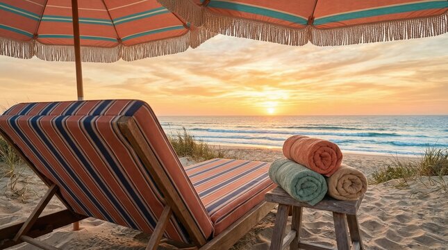 Empty striped lounge chair facing sunset on sandy beach