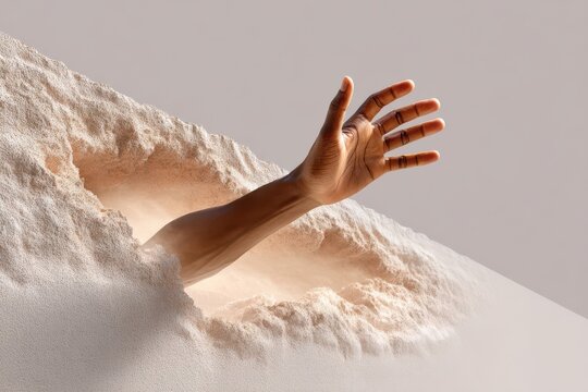 Minimal conceptual hand emerging from soft sand texture reaching outward in a surreal studio scene