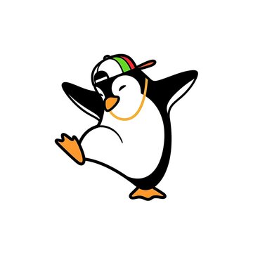 A cartoon penguin with a backwards cap and gold chain, doing a hip-hop dance with arms outstretched, cheerful expression