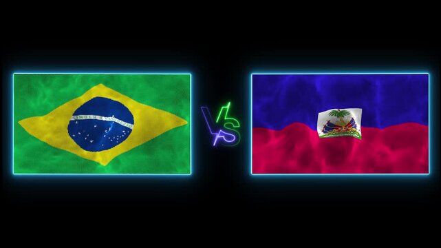 4K Brazil vs Haiti Flags Waving animation on black background. 