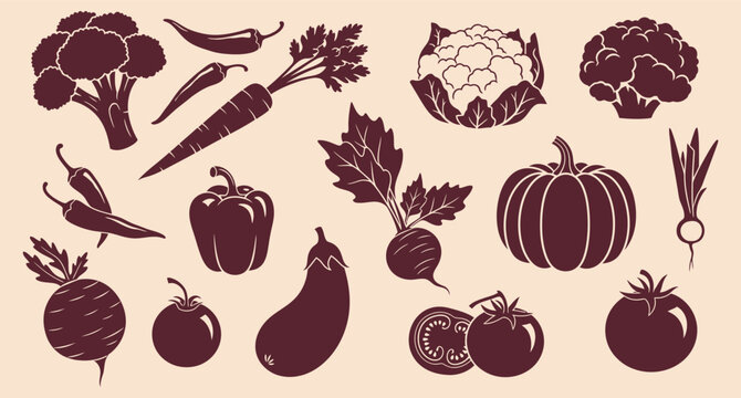 A digital illustration featuring various vegetables in maroon color on a light gray background, including broccoli, cauliflower, carrots, chili peppers, beets, leafy greens, bell peppers, eggplant, pu