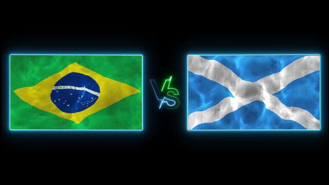 4K Brazil vs Scotland Flags Waving animation on black background. 