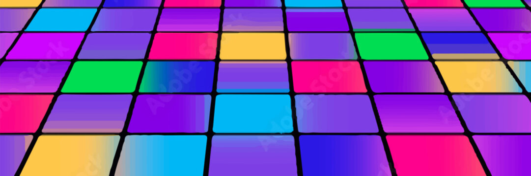 Banner for printing night disco parties. Retro vintage neon grid dance floor horizon 80s and 90s