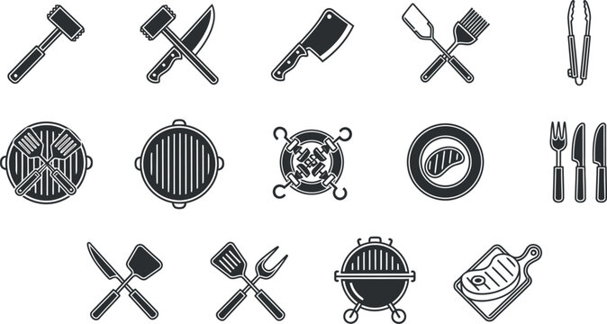 A set of 15 black and white line drawing icons related to barbecue and grilling including various types of meat tools and grills