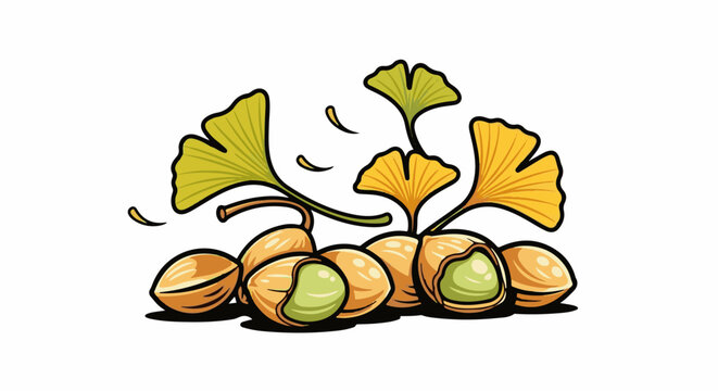 Stylized ginkgo nuts and fan-shaped leaves with falling elements