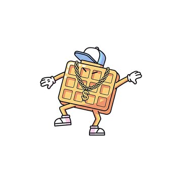 A cartoon waffle character wearing a backwards cap, gold chain, and white gloves, striking a confident pose