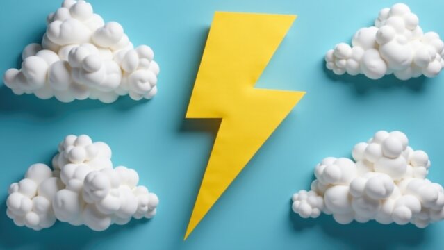 A stylized image of a lightning bolt surrounded by marshmallows on a bright blue background, suitable for use in illustrations and designs related to weather, food, or fun