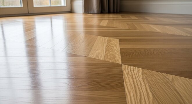 Modern oak wood flooring with geometric inlay pattern, close-up detail and reflection