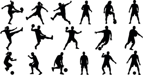 A collection of black silhouette illustrations of people playing soccer in various poses, kicking, running, and throwing a ball on a white background © RAC.Design-Magic