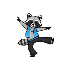 Fototapeta premium A cartoon raccoon, sporting a blue vest and dark pants, dances joyfully on a white background, its arms outstretched