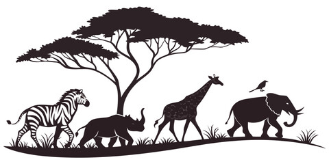 African animal silhouettes featuring zebra rhino giraffe and elephant with bird under an acacia tree canopy silhouette wildlife rhinoceros elephant savannah wilderness © Icon Set