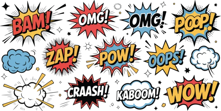 Doodle speech bubble set with comic boom explosions, smoke clouds and onomatopoeia text labels in funny pop art dialog style