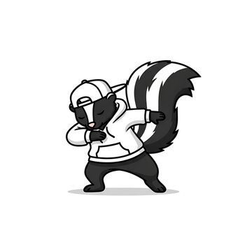 A cartoon skunk, dressed in a white hoodie and backwards cap, dabbing. Black and white striped tail and body