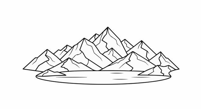 Stylized black and white line art of a mountain range with a body of water
