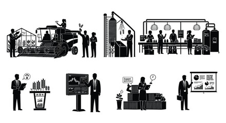 Obraz premium Business icons, office silhouettes, corporate vector graphics, workplace illustrations, 8 elements