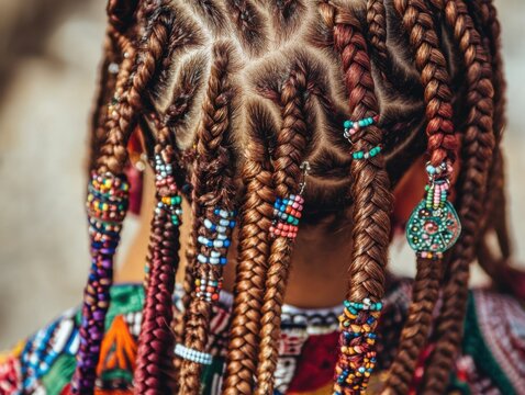 Close-up portrait of person with detailed cornrow braids decorated with beads and symbolic elements
