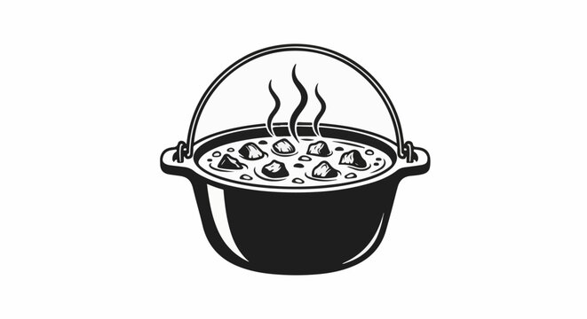 Steaming stew bubbling in a black cauldron over a white background