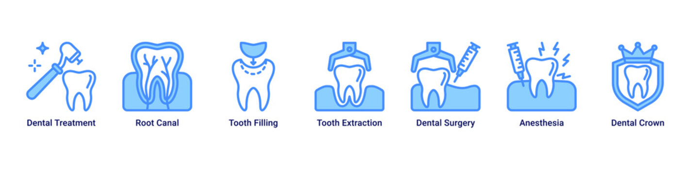 Treatment Plan web banner icon vector illustration with icons of Dental Treatment,Root Canal,Tooth Filling,Tooth Extraction,Dental Surgery,Anesthesia and Dental Crown
