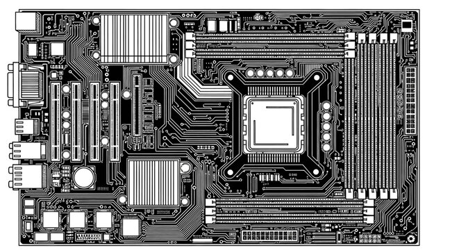 Detailed black and white illustration of a computer motherboard with various components and circuit traces visible, showcasing its intricate design.